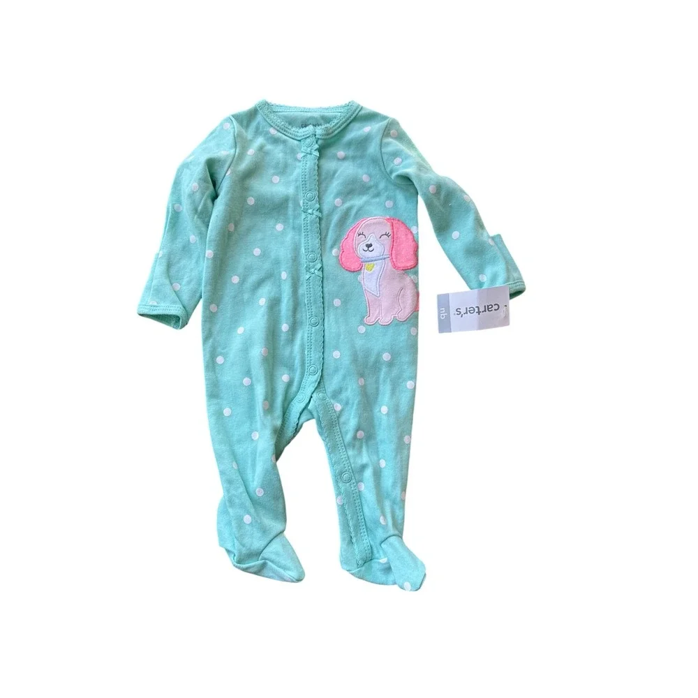 Carters Newborn Girl Aqua Polka Dot Puppy Dog Footed Sleeper Snap Up NWT 3057